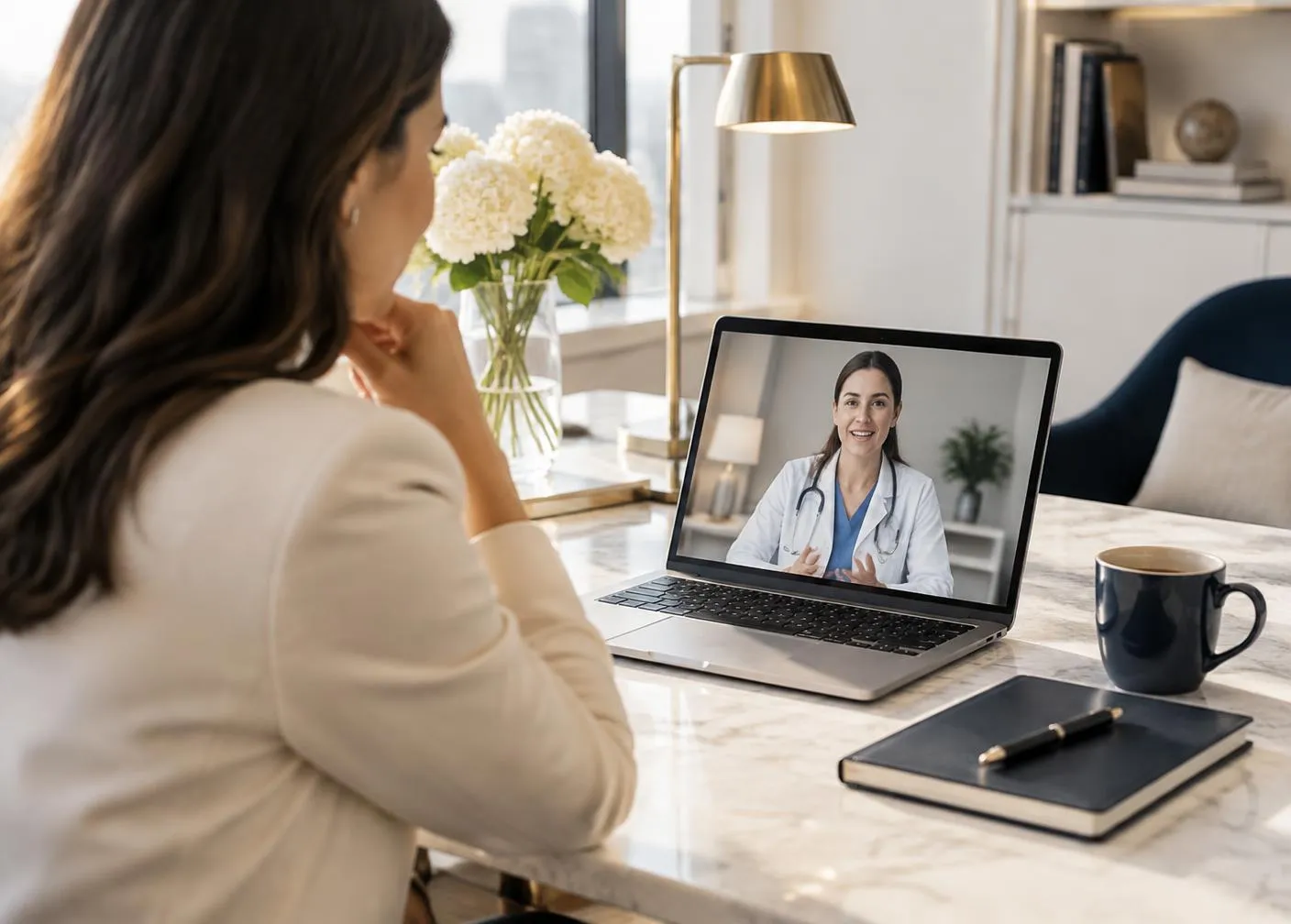 Colaboradora em escritório moderno durante consulta online com uma médica pelo notebook